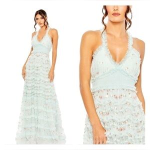 Mac Duggal 8037 NWT V-neckline Cross Back Ruffle Detail A-line Dress